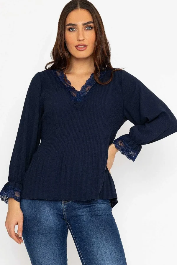 Pala D'oro Pleated Lace Trim Top In Navy*Women Tops & Blouses