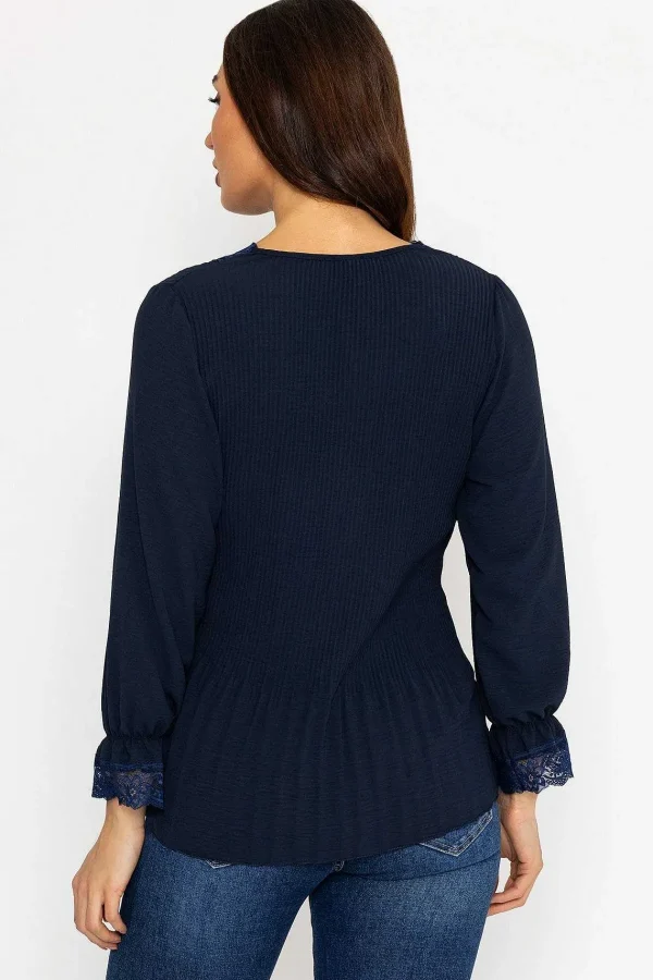 Pala D'oro Pleated Lace Trim Top In Navy*Women Tops & Blouses