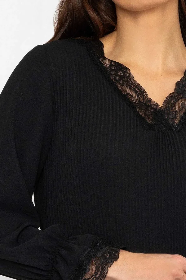 Pala D'oro Pleated Lace Trim Top In Black*Women Tops & Blouses