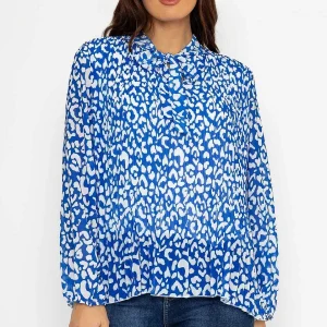 Pala D'oro Pleated Pussybow Blouse In Blue Animal Print*Women Tops & Blouses