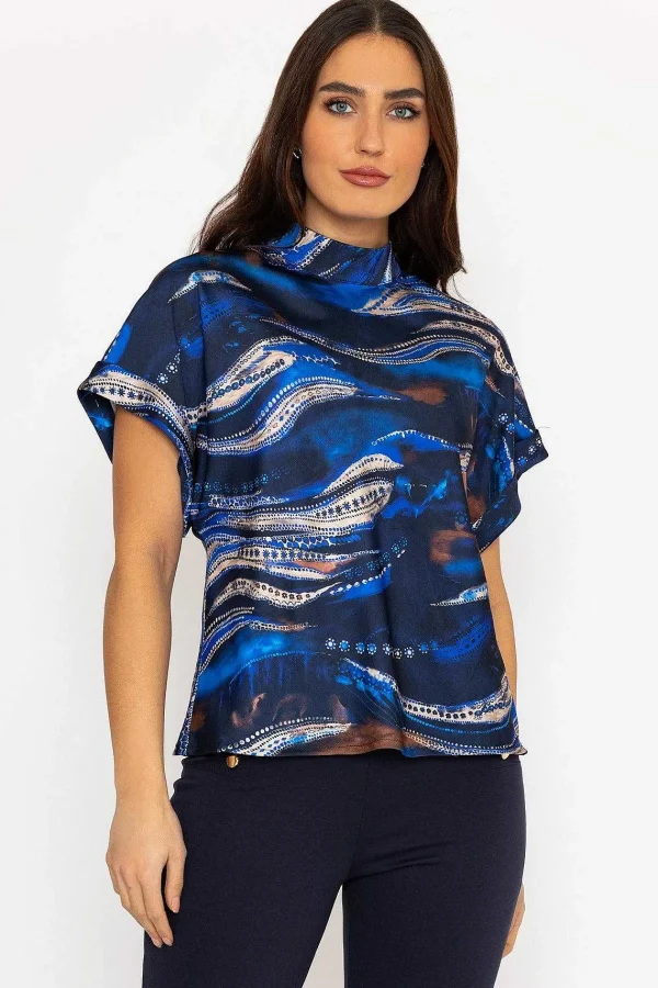 Pala D'oro Printed High Neck Sateen Top In Blue*Women Tops & Blouses