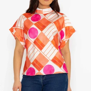 Pala D'Oro Printed High Neck Sateen Top In Orange*Women Tops & Blouses