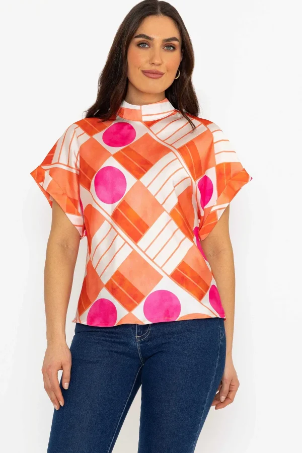 Pala D'Oro Printed High Neck Sateen Top In Orange*Women Tops & Blouses