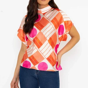 Pala D'Oro Printed High Neck Sateen Top In Orange*Women Tops & Blouses