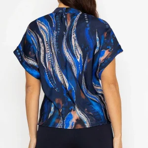 Pala D'oro Printed High Neck Sateen Top In Blue*Women Tops & Blouses