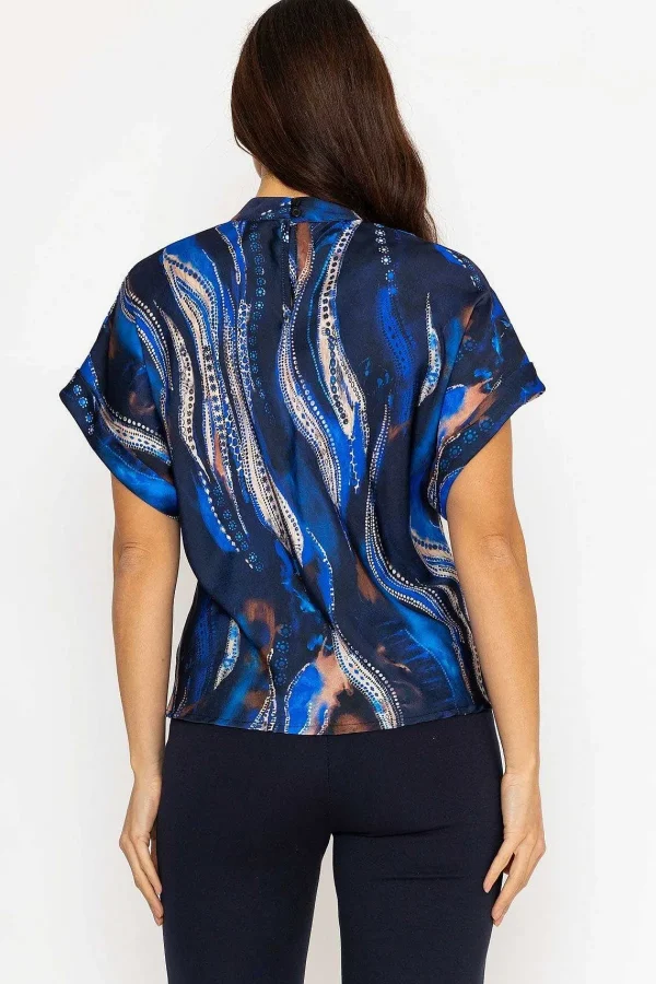 Pala D'oro Printed High Neck Sateen Top In Blue*Women Tops & Blouses