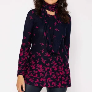 Voulez Vous Printed Knit Tunic With Snood In Navy*Women Jumpers & Cardigans