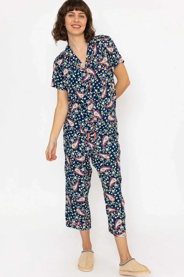 Cherish Accessories Pyjama Set With 3/4 Leg In Navy Print*Women Nightwear