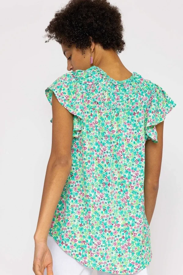 Rowen Avenue Ruffle Blouse In Aqua Floral Print*Women Tops & Blouses