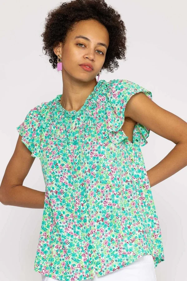 Rowen Avenue Ruffle Blouse In Aqua Floral Print*Women Tops & Blouses