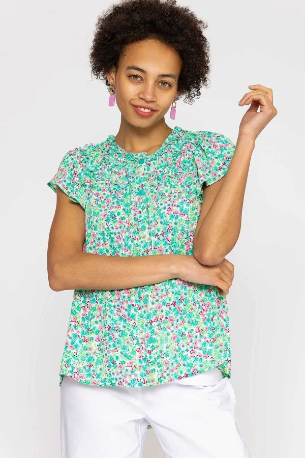 Rowen Avenue Ruffle Blouse In Aqua Floral Print*Women Tops & Blouses