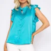 Rowen Avenue Ruffle Satin Shirt In Teal*Women Tops & Blouses