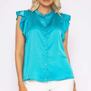 Rowen Avenue Ruffle Satin Shirt In Teal*Women Tops & Blouses