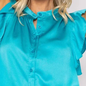 Rowen Avenue Ruffle Satin Shirt In Teal*Women Tops & Blouses