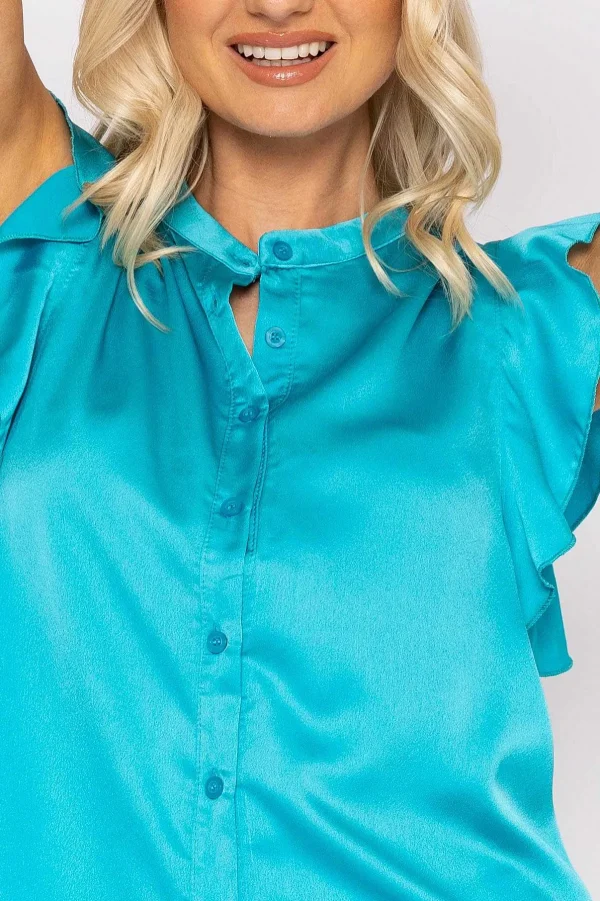 Rowen Avenue Ruffle Satin Shirt In Teal*Women Tops & Blouses