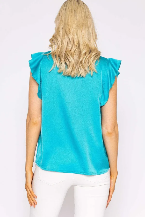 Rowen Avenue Ruffle Satin Shirt In Teal*Women Tops & Blouses