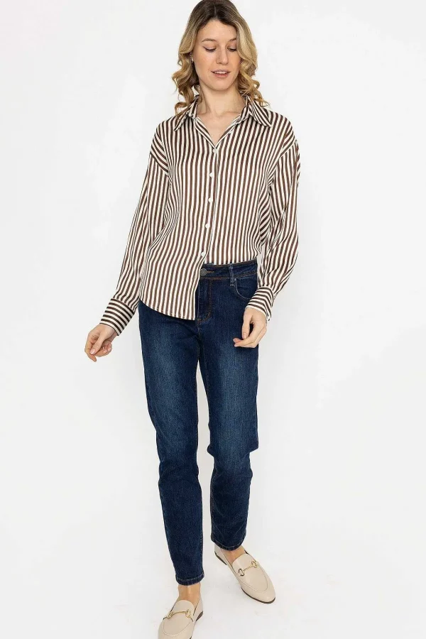 Rowen Avenue Satin Stripe Shirt In Brown*Women Tops & Blouses