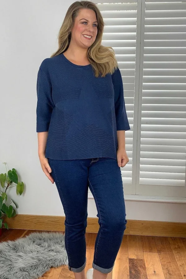 Ulla Popken 3/4 Sleeve Star Knit Sweater In Dark Blue*Women Jumpers & Cardigans