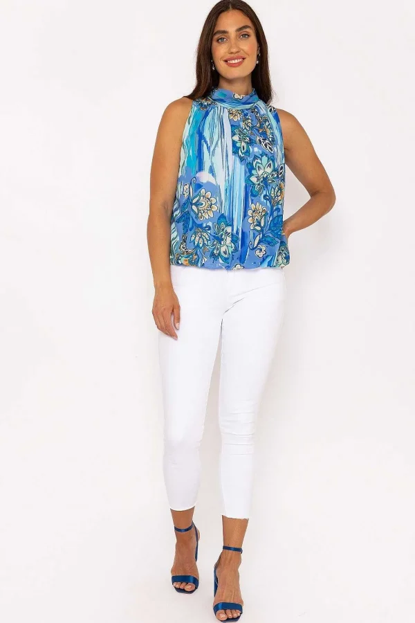 Pala D'oro Sleeveless Halter Top In Blue Print*Women Tops & Blouses
