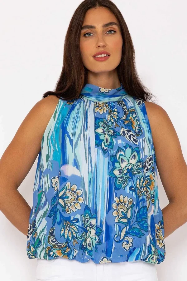 Pala D'oro Sleeveless Halter Top In Blue Print*Women Tops & Blouses