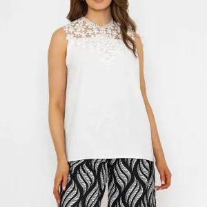 Pala D'Oro Sleeveless Lace Detail Top In White*Women Tops & Blouses