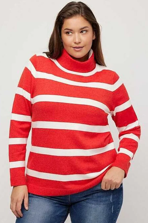 Ulla Popken Stripe Fine Knit Turtleneck Sweater In Red*Women Jumpers & Cardigans