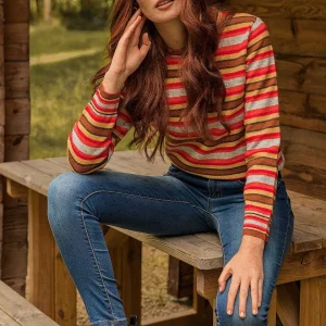Kelly & Grace Weekend Stripe Ruffle Neck In Multi*Women Jumpers & Cardigans