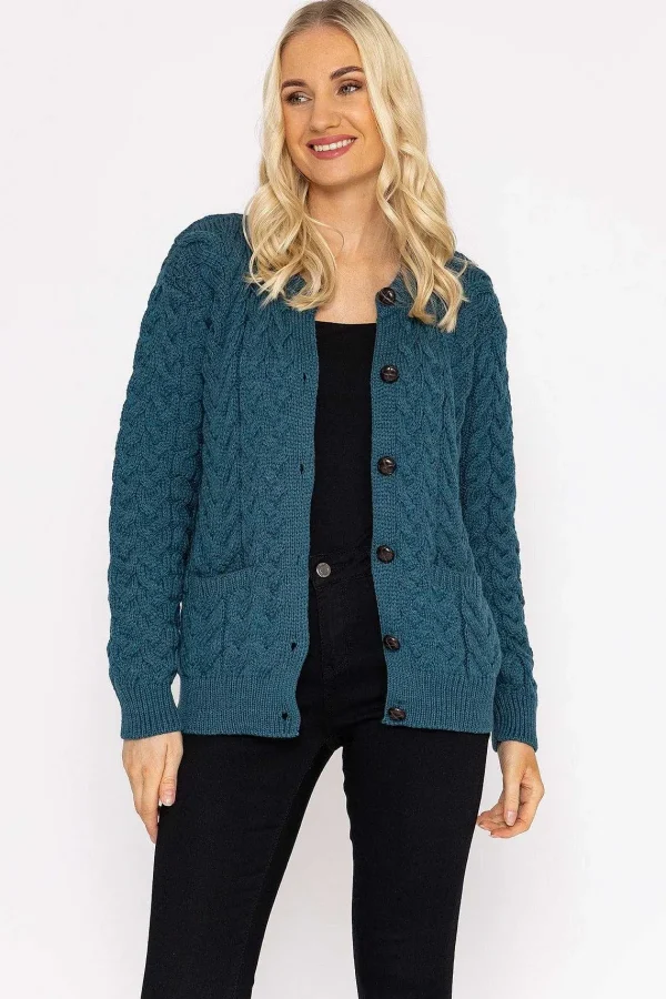 Aran Woollen Mills Super Soft Merino Wool Cardigan In Teal*Women Jumpers & Cardigans