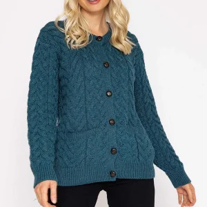 Aran Woollen Mills Super Soft Merino Wool Cardigan In Teal*Women Jumpers & Cardigans