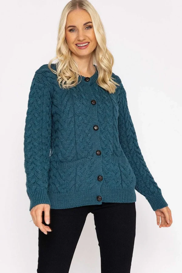 Aran Woollen Mills Super Soft Merino Wool Cardigan In Teal*Women Jumpers & Cardigans