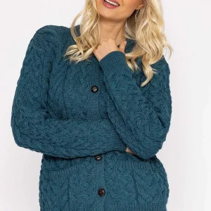 Aran Woollen Mills Super Soft Merino Wool Cardigan In Teal*Women Jumpers & Cardigans