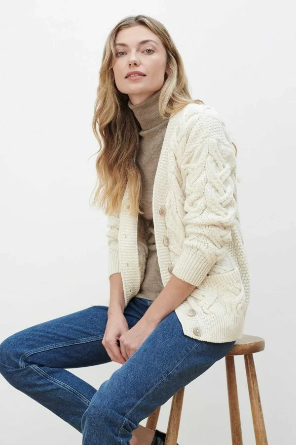 Aran Woollen Mills Super Soft Merino Wool V-Neck Cardigan In Cream*Women Jumpers & Cardigans