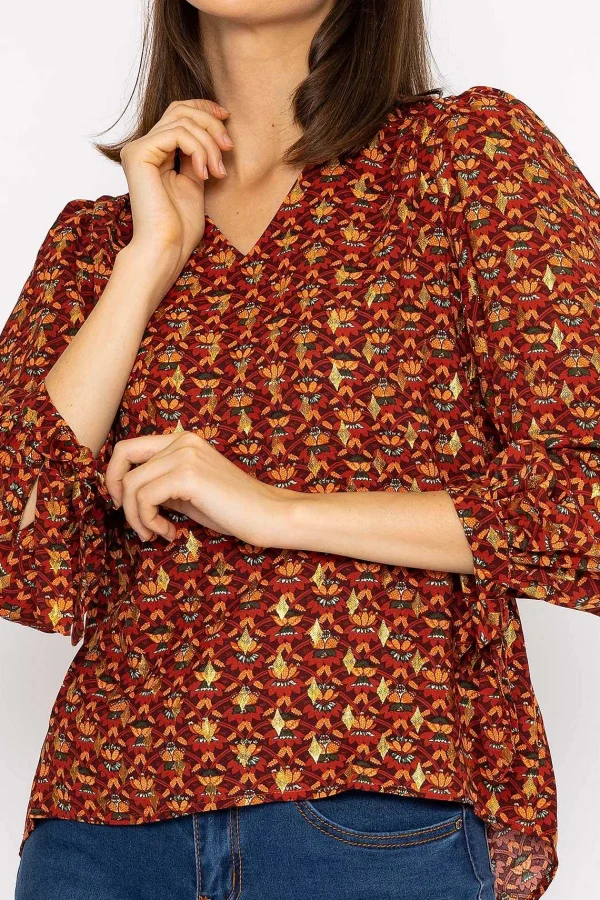 Rowen Avenue V Neck Tie Sleeve Top In Multi Print*Women Tops & Blouses