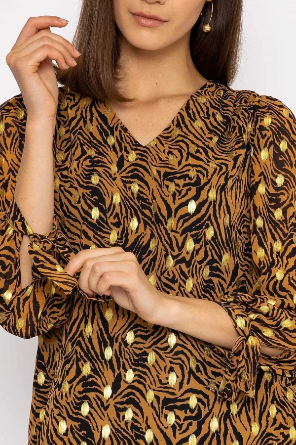 Rowen Avenue V Neck Tie Sleeve Top In Gold Animal Print*Women Tops & Blouses