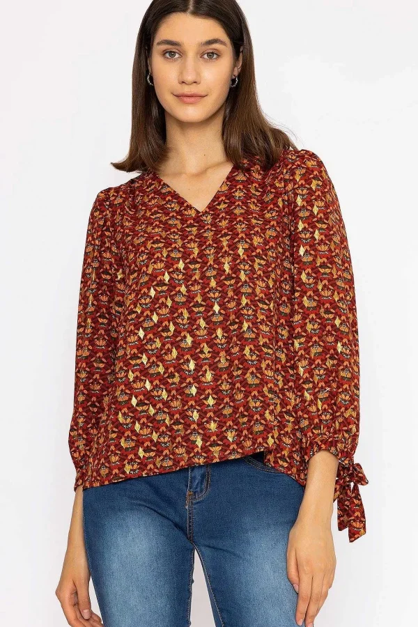 Rowen Avenue V Neck Tie Sleeve Top In Multi Print*Women Tops & Blouses