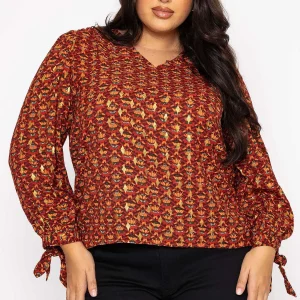 Rowen Avenue V Neck Tie Sleeve Top In Multi Print*Women Tops & Blouses