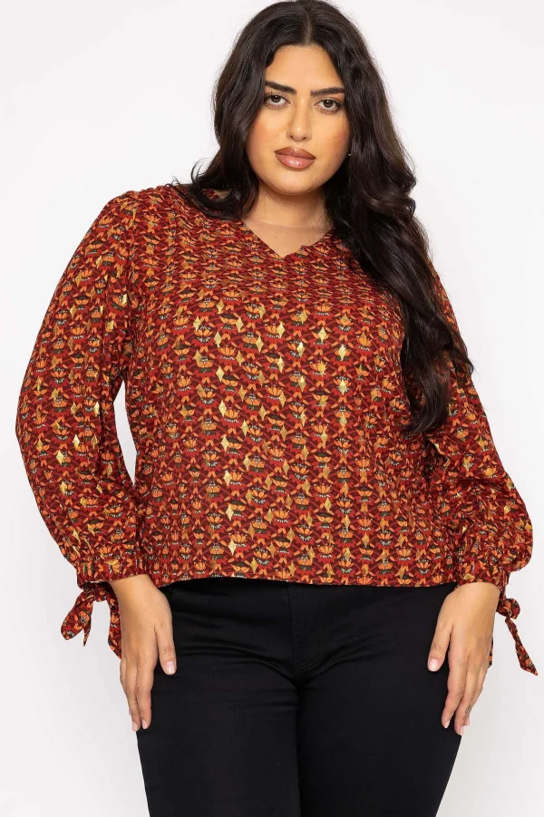 Rowen Avenue V Neck Tie Sleeve Top In Multi Print*Women Tops & Blouses