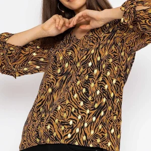 Rowen Avenue V Neck Tie Sleeve Top In Gold Animal Print*Women Tops & Blouses