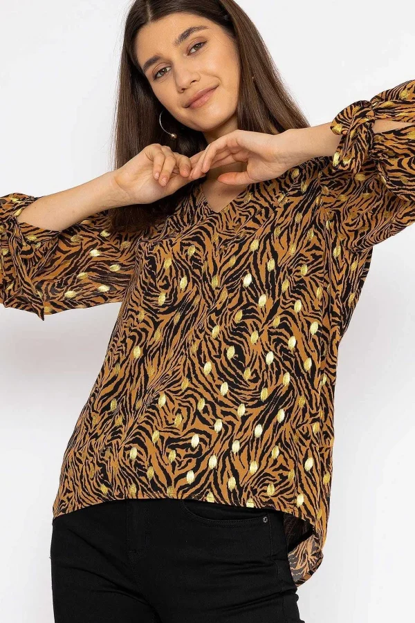 Rowen Avenue V Neck Tie Sleeve Top In Gold Animal Print*Women Tops & Blouses