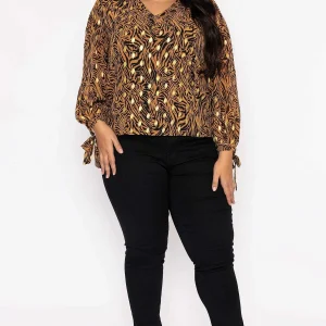 Rowen Avenue V Neck Tie Sleeve Top In Gold Animal Print*Women Tops & Blouses