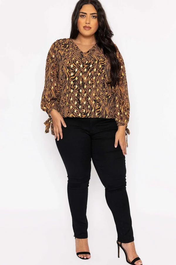 Rowen Avenue V Neck Tie Sleeve Top In Gold Animal Print*Women Tops & Blouses