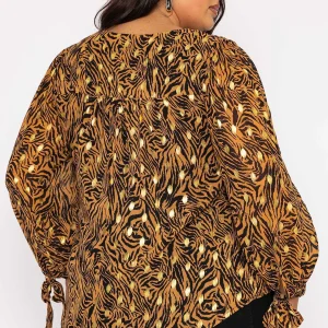 Rowen Avenue V Neck Tie Sleeve Top In Gold Animal Print*Women Tops & Blouses