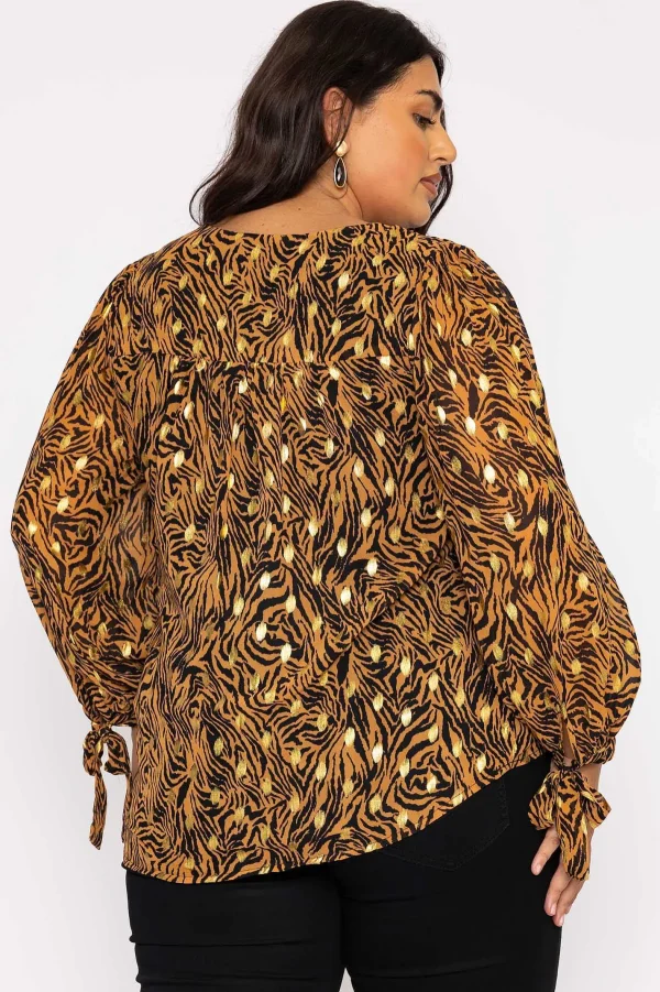 Rowen Avenue V Neck Tie Sleeve Top In Gold Animal Print*Women Tops & Blouses