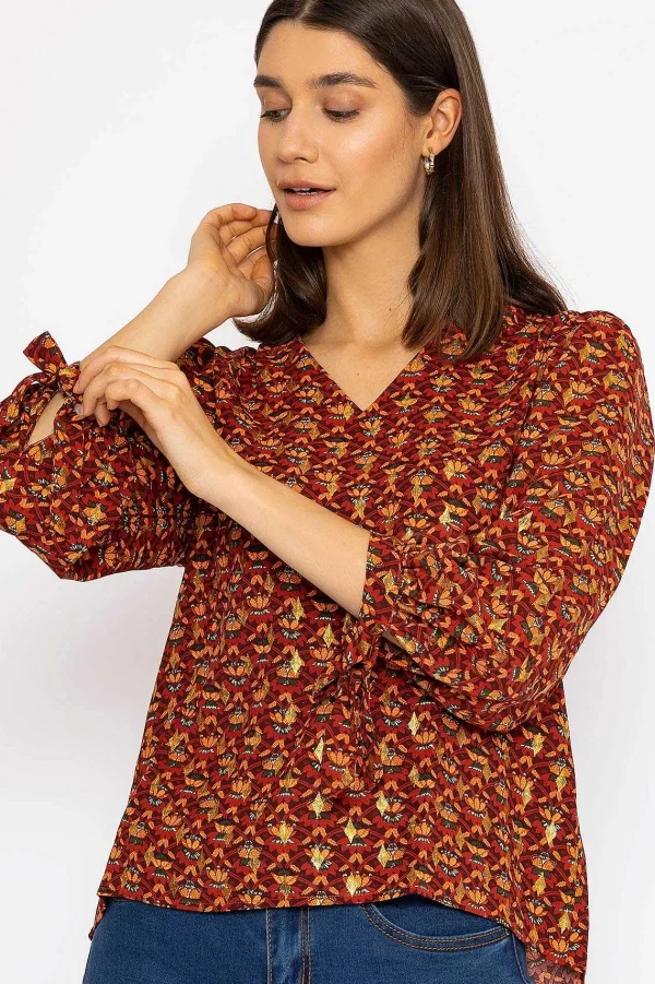 Rowen Avenue V Neck Tie Sleeve Top In Multi Print*Women Tops & Blouses