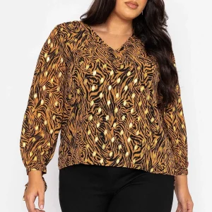 Rowen Avenue V Neck Tie Sleeve Top In Gold Animal Print*Women Tops & Blouses