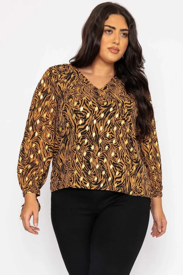 Rowen Avenue V Neck Tie Sleeve Top In Gold Animal Print*Women Tops & Blouses