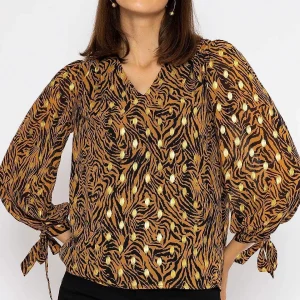 Rowen Avenue V Neck Tie Sleeve Top In Gold Animal Print*Women Tops & Blouses