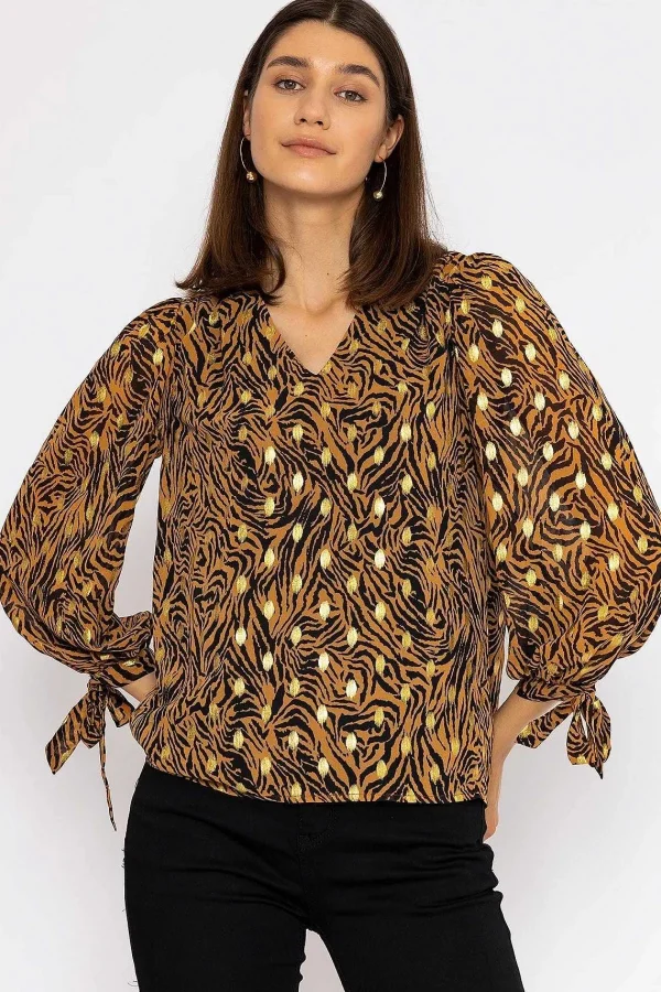 Rowen Avenue V Neck Tie Sleeve Top In Gold Animal Print*Women Tops & Blouses