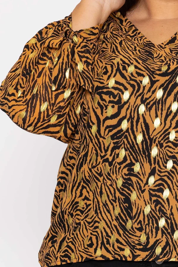 Rowen Avenue V Neck Tie Sleeve Top In Gold Animal Print*Women Tops & Blouses