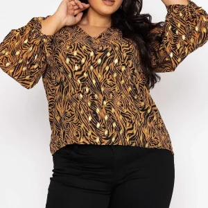 Rowen Avenue V Neck Tie Sleeve Top In Gold Animal Print*Women Tops & Blouses